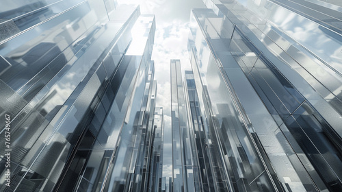 3D model of a silver and chrome metropolis with many skyscrapers. The reflection of the nearest building can be seen on the surface of the building. photo