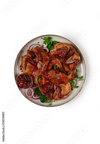 fried, quail meat, tobacco (tapaka), with spices, homemade, no people, on a white background, isolate,