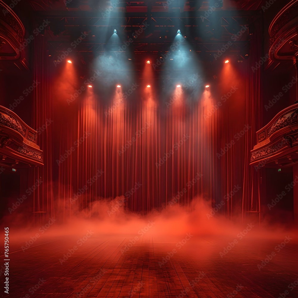 Mystical theater stage with dramatic lighting. red and blue hues illuminate the scene. empty stage awaiting performance. generative AI