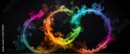 Circular rainbow colored glowing light shaped smoke fog effect plain black backdrop with copy space from Generative AI