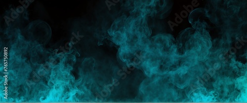Circular teal glowing light shaped smoke fog effect plain black backdrop with copy space from Generative AI © Arceli
