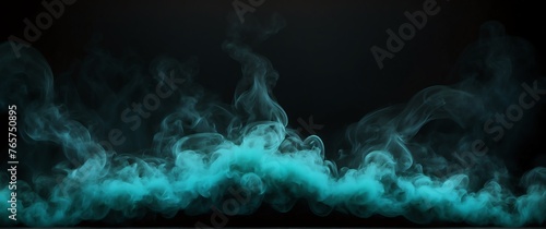 Circular teal glowing light shaped smoke fog effect plain black backdrop with copy space from Generative AI