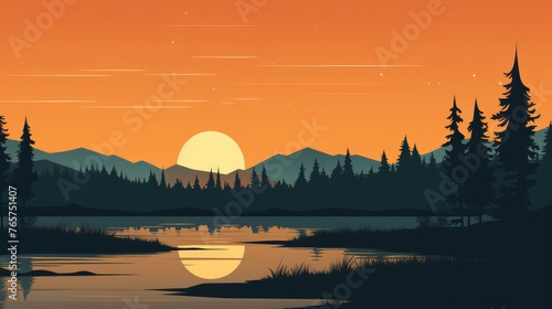 A landscape of Sunset over lake. landscape with a lake and mountains in the background. landscape of mountain lake and forest with sunset in evening. beautiful view of sunset over lake. © jokerhitam289