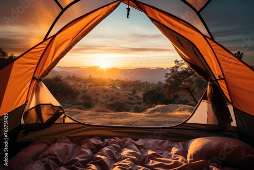 POV view, resting traveler in the camping tent, view to the mountain canyon, scenic autumn nature background