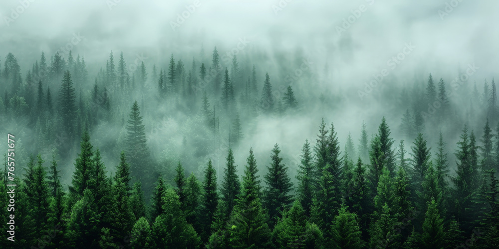 misty forest with fog in the mountains, Misty landscape with fir forest in hipster vintage retro style. dark green Misty landscape with fir forest banner misty forest with fog in the mountains, Misty landscape with fir forest in hipster vintage retro style. dark green Misty landscape with fir forest banner