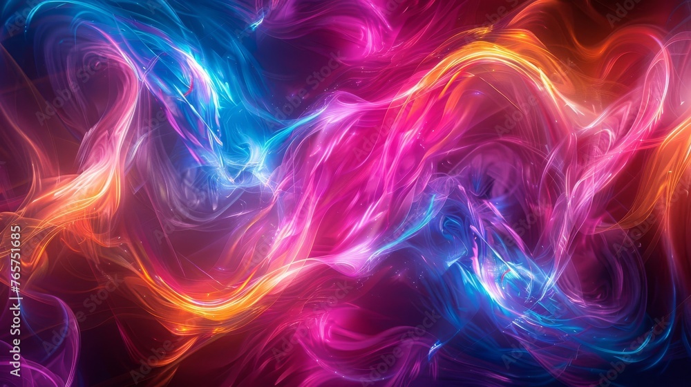 Vibrant swirls of neon colors blending together in an abstract pattern against a dark background Vibrant swirls of neon colors blending together in an abstract pattern against a dark background