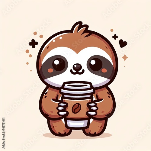 Fototapeta Naklejka Na Ścianę i Meble -  cute cartoon sloth holding coffe Generative AI