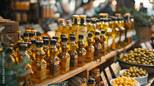 Bottles of olive oil on market shelf