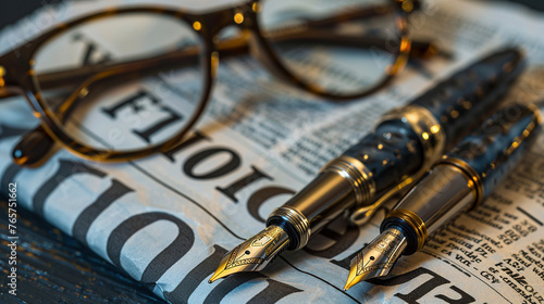 Close-up of Fountain Pen, Glasses, and Financial Newspaper