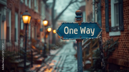 "One Way" sign on a city street.