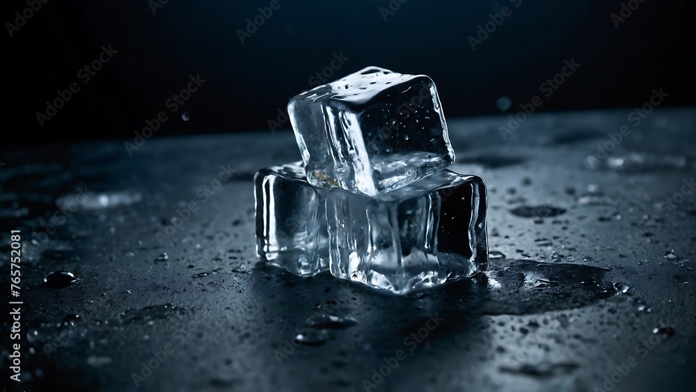 Scattered ice cubes fell onto the wet floor, close up photo realistic, on background Scattered ice cubes fell onto the wet floor, close up photo realistic, on background