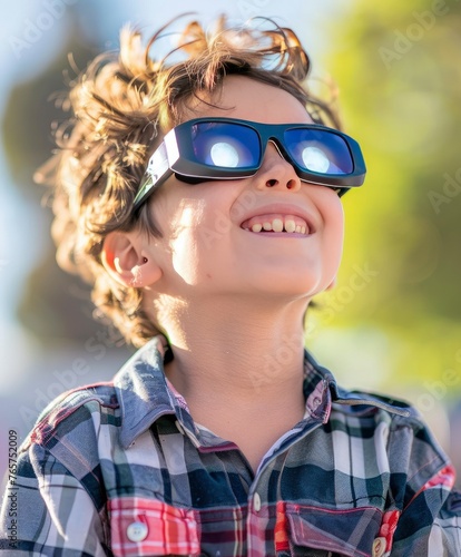 A young boy wearing protective glasses is watching the solar eclipse.
