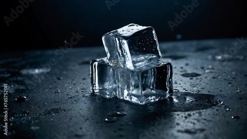 Scattered ice cubes fell onto the wet floor, close up photo realistic, on background