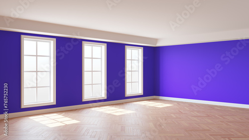 Sunny Interior with Violet Walls  Three Large Windows  White Ceiling and Cornice  Glossy Herringbone Parquet Flooring and a White Plinth  3D Rendering. 8K Ultra HD  7680x4320  300 dpi