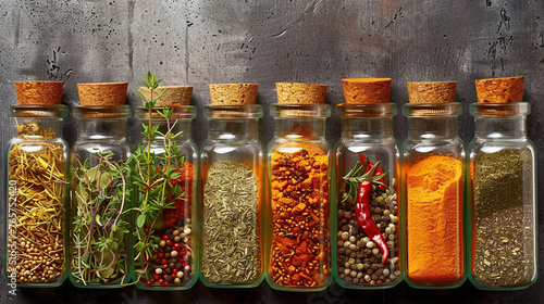 Close-up of Various Spices and Herbs in Glass Jars