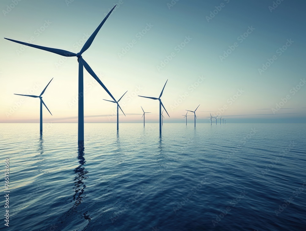 Image showcasing a wind turbine farm located in the sea near with their large blades rotating in the wind. Energy and environmental conservation, highlighting the beauty and efficiency energy. AI Image showcasing a wind turbine farm located in the sea near with their large blades rotating in the wind. Energy and environmental conservation, highlighting the beauty and efficiency energy. AI