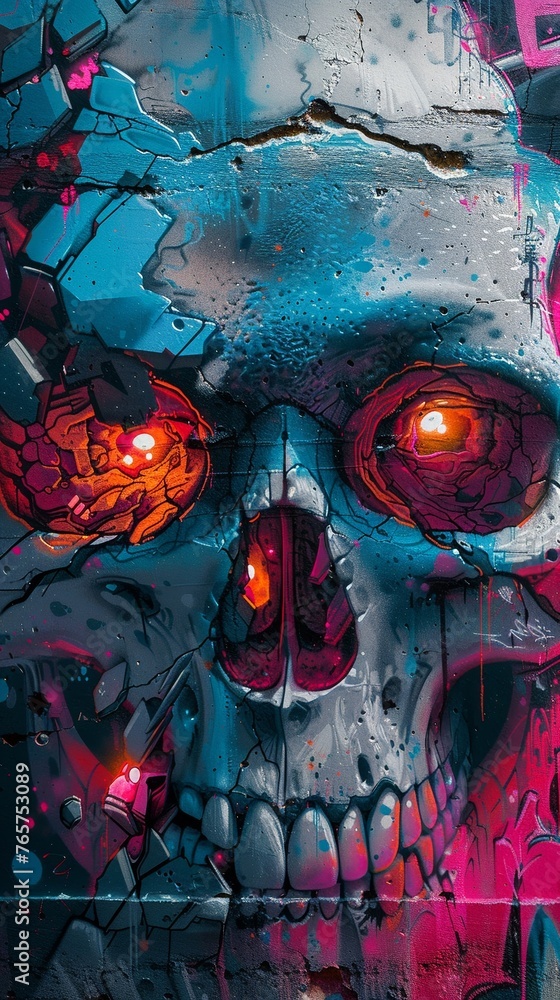 Skull emerging in graffiti cyber scenes colliding