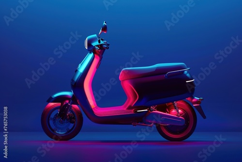 A futuristic electric scooter glows with neon colors against a dark background.