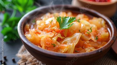 Stewed cabbage with tomatoes in a bowl on the table background