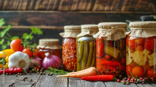 Canned vegetables in jars on wooden background, next to fresh vegetables. Selective focus