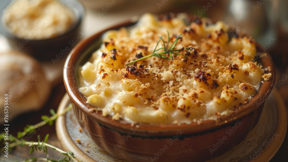 A baked macaroni and cheese dish A baked macaroni and cheese dish