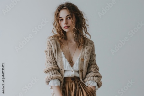 Pretty Young Woman in Cropped Cardigan and Midi Skirt photo on white isolated background