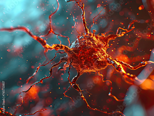 Rabies virus in the mammalian nervous system. Virus as it travels along nerve pathways. Virus's progression toward the brain, causing severe neurological symptoms. AI photo