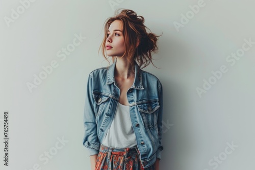 Pretty Young Woman in Cropped Denim Jacket and Midi Skirt photo on white isolated background