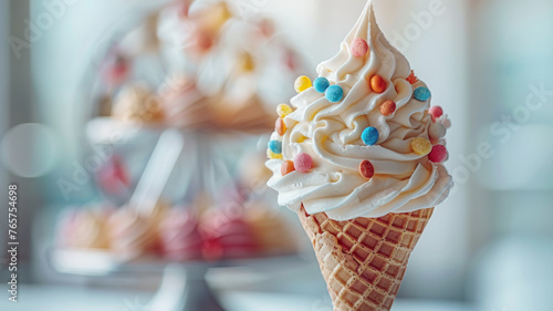 Close-up of a vanilla ice cream cone with sprinkles.