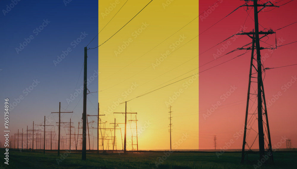 Romania flag on electric pole background. Power shortage and increased energy consumption in Romania. Energy development and energy crisis