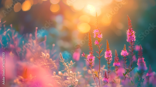 Beautiful field of purple flowers in sunset light © May