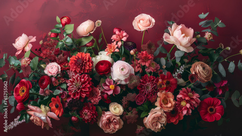 Floral arrangement on red background