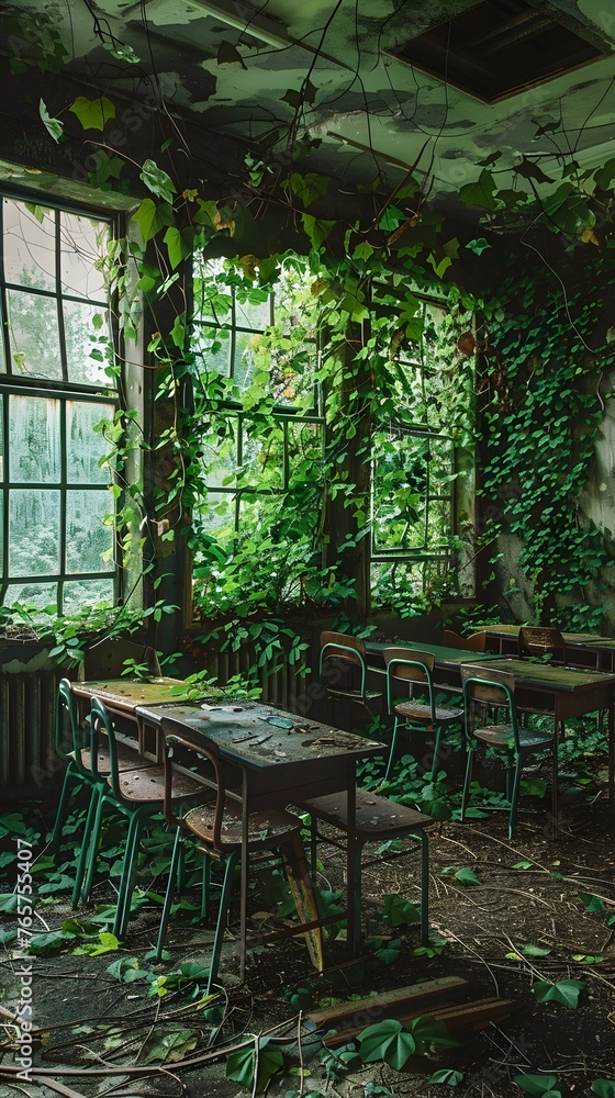 Nature's Classroom: Ivy-Covered Abandoned Space Reclaimed by Botanical and Typography Art
