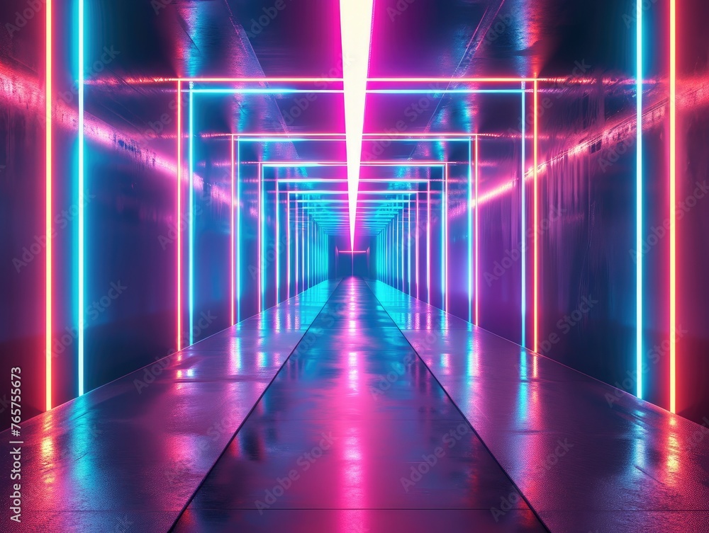 Illustrating neon lines that create a luminous, tunnel-like structure, echoing the ambiance of an LED arcade or stage. Futuristic Spaceship tunnel, virtual reality feel. AI