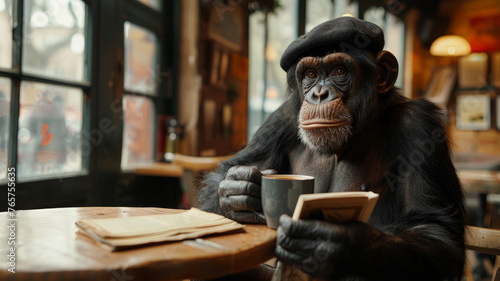 Chimpanzee in beret with cup.