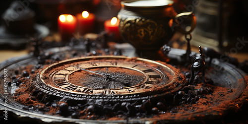 Old clock and candles on dark background Time concept fortune telling on coffee grounds