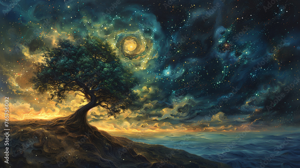 pintura brillante de un árbol con estrellas en el cielo - obrazy, fototapety, plakaty 
