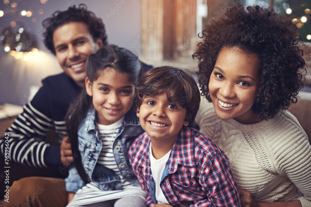 Portrait, smile and family in lounge of home, parents and love for bonding in house. Daughter, father and mother on sofa for relax for Brazilian people, happy and together and quality time Portrait, smile and family in lounge of home, parents and love for bonding in house. Daughter, father and mother on sofa for relax for Brazilian people, happy and together and quality time