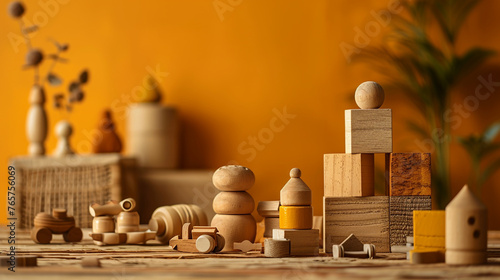 Wooden toys background concept with empty space. Toys are made from wooden blocks.