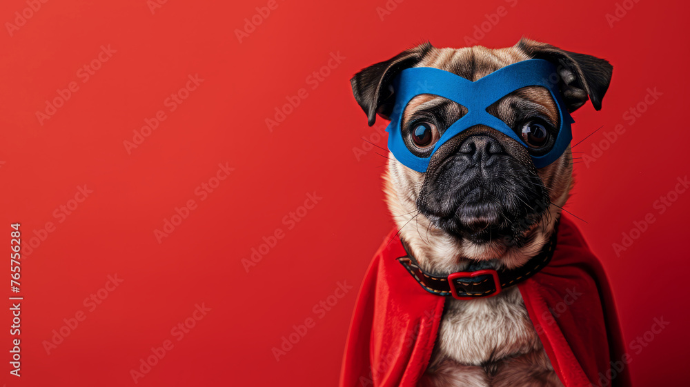 Dog dressed as a superhero on red background.