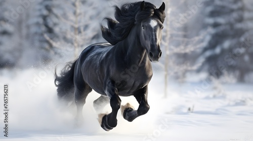Black Friesian horse galloping in the snow 