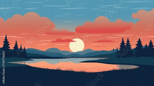 beautiful view of sunset over lake wallpaper. A landscape of Sunset over lake. landscape with a lake and mountains in the background. landscape of mountain lake and forest with sunset in evening. © jokerhitam289