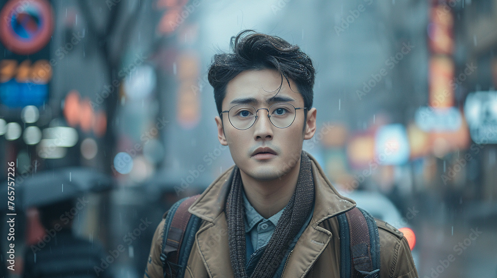 Fototapeta premium A charismatic young man navigating the busy streets of Chengdu. He has a diamond-shaped face a trendy pompadour hairstyle