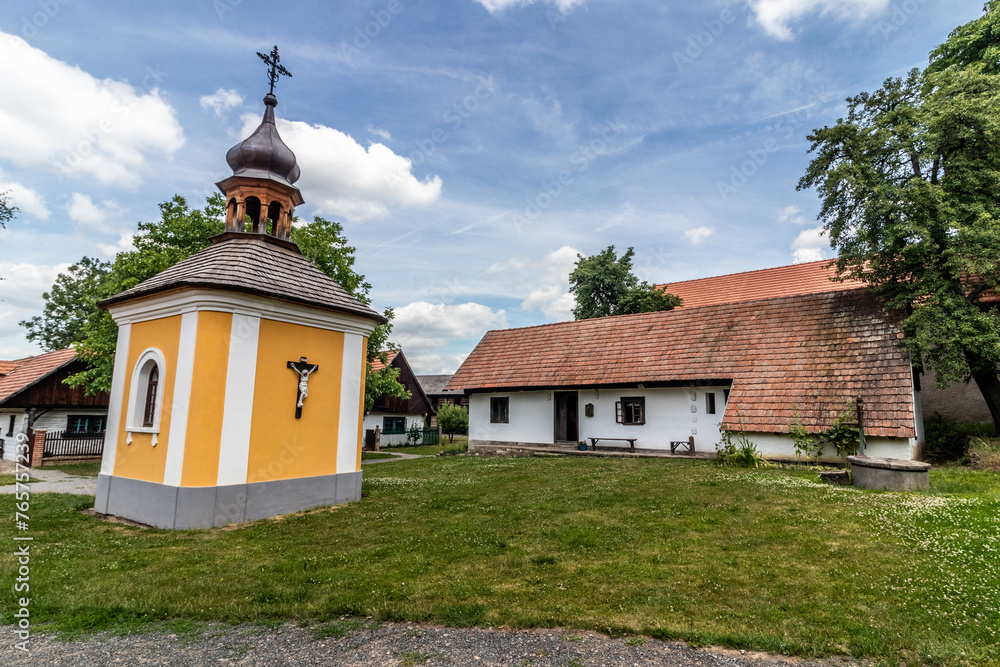 Old houses and a chapel in the open air museum (Polabske národopisne muzeum) in Prerov, Czechia