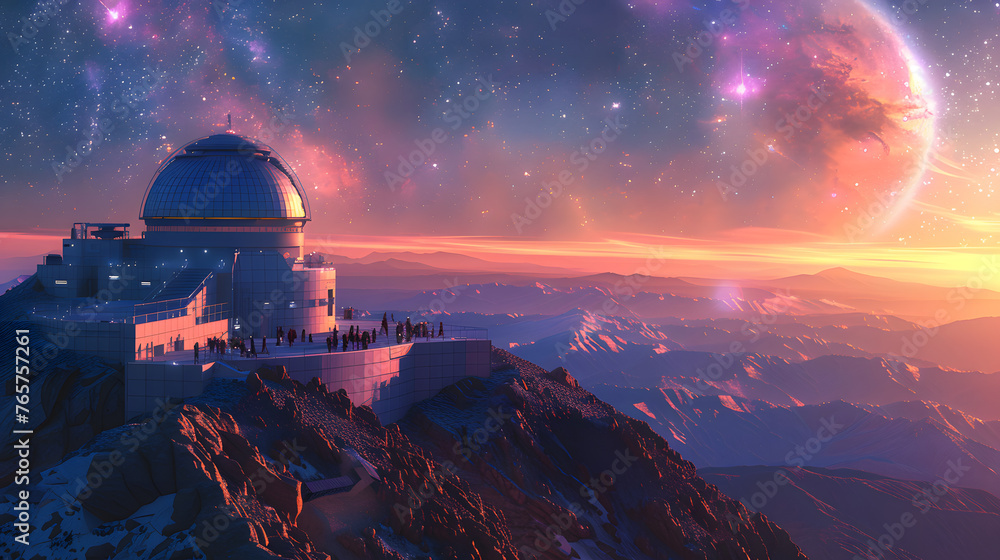 A bustling observatory atop a mountain peak, with astronomers peering through powerful telescopes at distant stars and galaxies - obrazy, fototapety, plakaty 