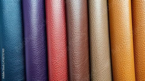 A row of leather items with different colors and textures. The colors include purple, brown, and red