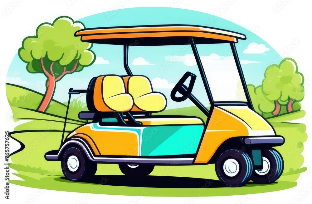 Golf Cart ,Golf Cart,Green Golf Course ,Summer Period and Blue Sky