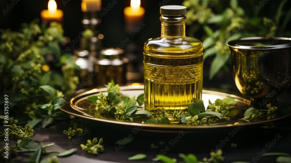 Herbal tincture in glass bottle with assorted flowers and herbs extract, natural remedy concept Herbal tincture in glass bottle with assorted flowers and herbs extract, natural remedy concept