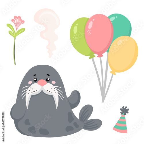 Cheerful festive walrus with balloons and in a festive cap. Children's cute animal with flowers for postcard, banner, business card.