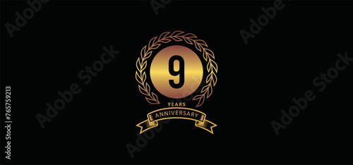 9st anniversary logo with gold, and black background